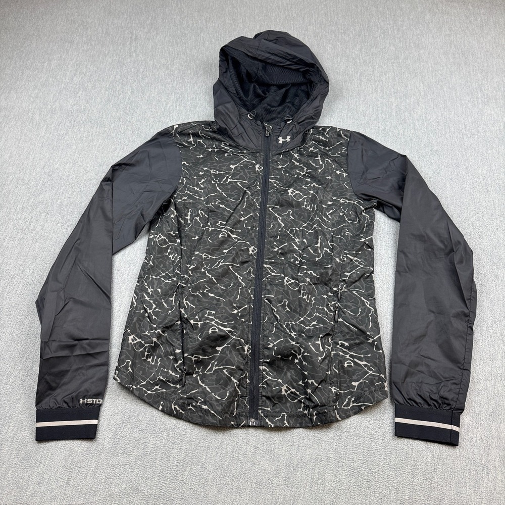 Under Armour Jacket Womens XS Black Gray Print Storm 1 Windbreaker Hooded Zip Up